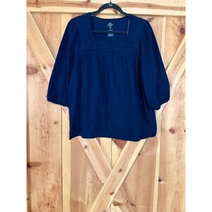 St. John's Bay Navy Blue Crochet Trim Square Neck Top Plus Size 0X Peasant Ren
